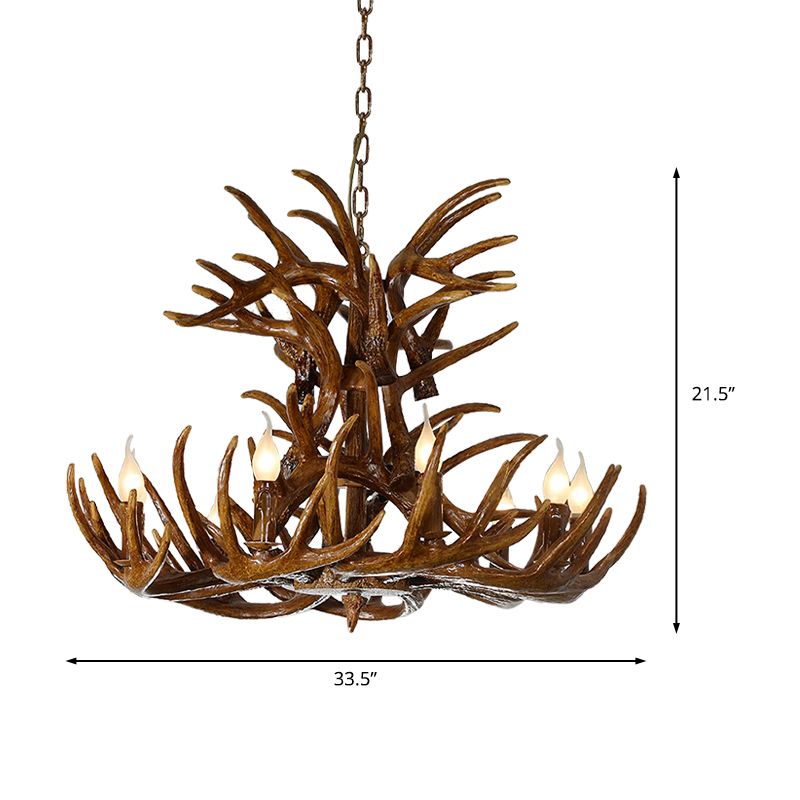 9 Lights Resin Chandelier Lamp Countryside Brown Antler Shape Living Room Down Lighting Pendant