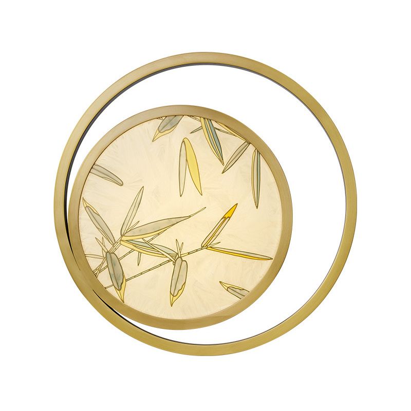 1 Light Metal Wall Mounted Light Traditional Brass Round Tea House Sconce with Leaf Pattern