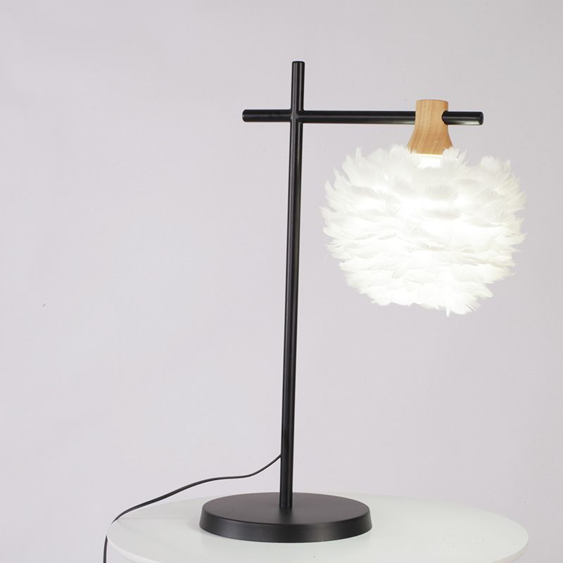 Black-White Cross Night Light Modern 1 Head Iron Table Lamp with Feather Lampshade