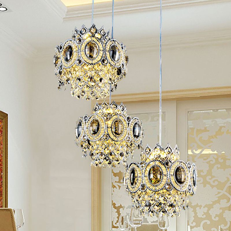 Modern Floral Layered Pendant Lamp 3 Bulbs Crystal Multiple Hanging Light in Chrome