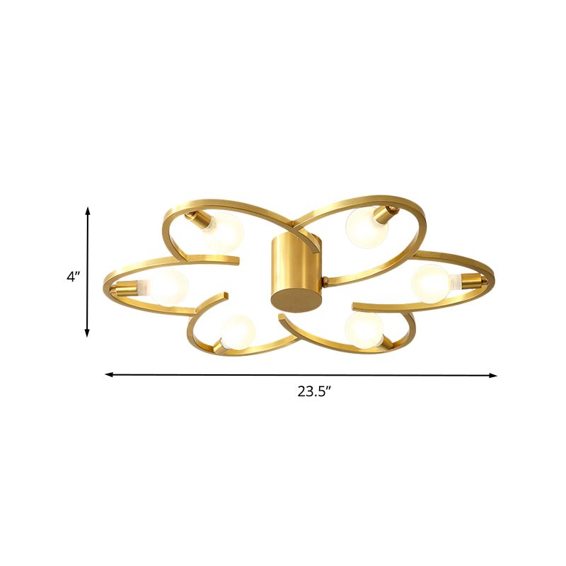 Modern Flower Semi Flush Mount Metallic 5/6-Head Bedroom Close to Ceiling Lighting in Gold