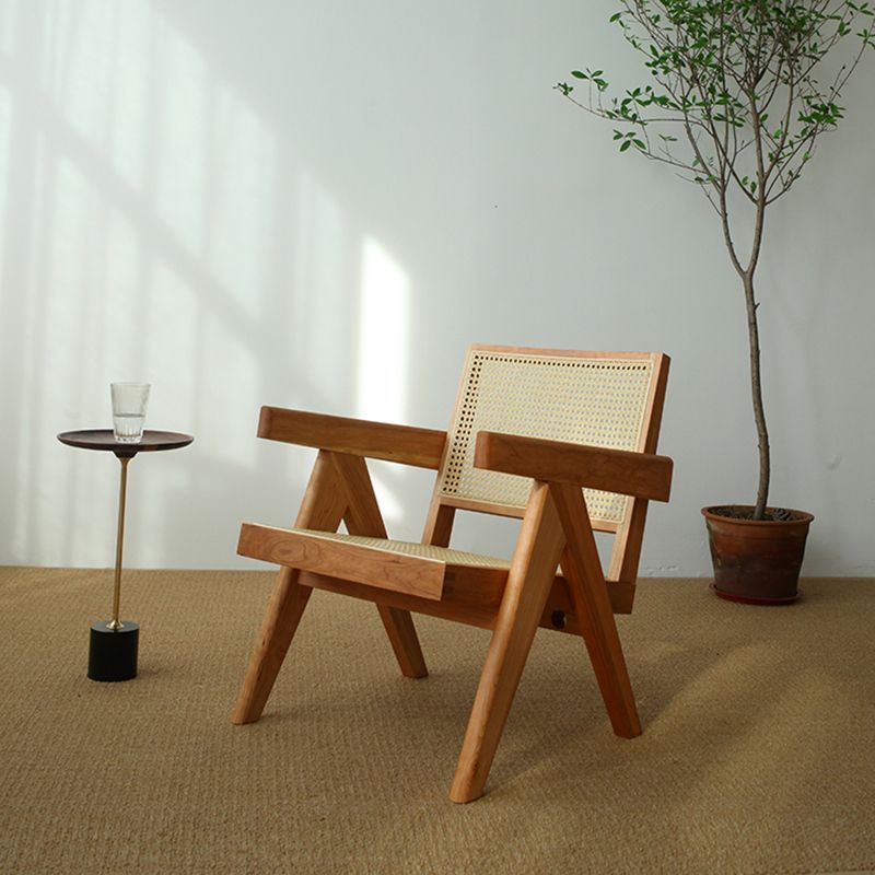 Woven Back Lounge Chair Basic Four Leg Solid Wood Chair with Cushion