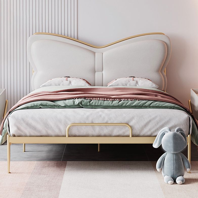 Low Profile Standard Bed Gold Metal Bed Frame with Upholstered Headboard
