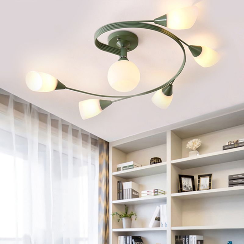 Curly Semi Flush Mount Light Nordic Fer 4/6 HEAD GREN / ROSE / JAUNE PLAFICATION AVEC BLAND D'ECVOIRE DE VERRE