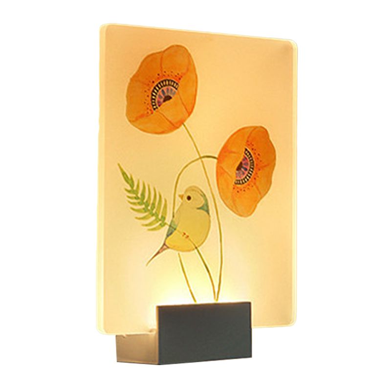 Éclairage mural à LED d'angle Lampe murale blanche moderne avec une teinte acrylique à motifs de fleurs / oiseaux