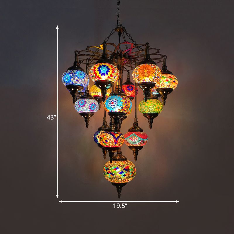 Yellow Oval Pendant Chandelier Vintage Stained Glass 16 Heads Living Room Hanging Light Kit