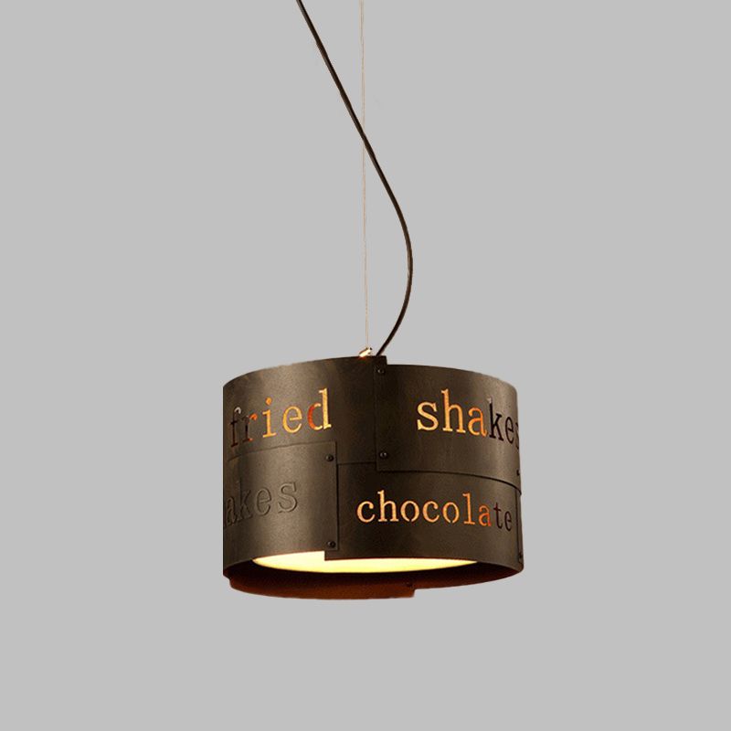 3-Head Drum Chandelier Lighting Antiqued Black Iron Panel Ceiling Hang Fixture with Lettering Design
