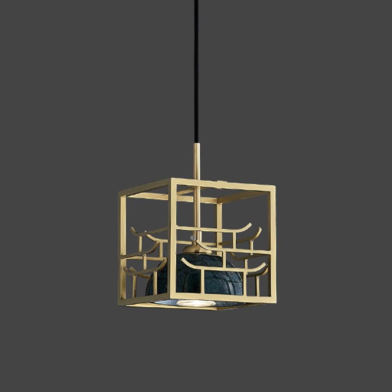 Blackish Green Shade Pendant Light Retro Nordic 1-Light Marble Hanging Light with Gold Cage