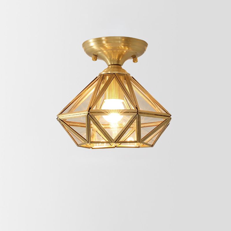 Brass Geometric Ceiling Light in Colonial Style Glass 1-Light Flush Mount