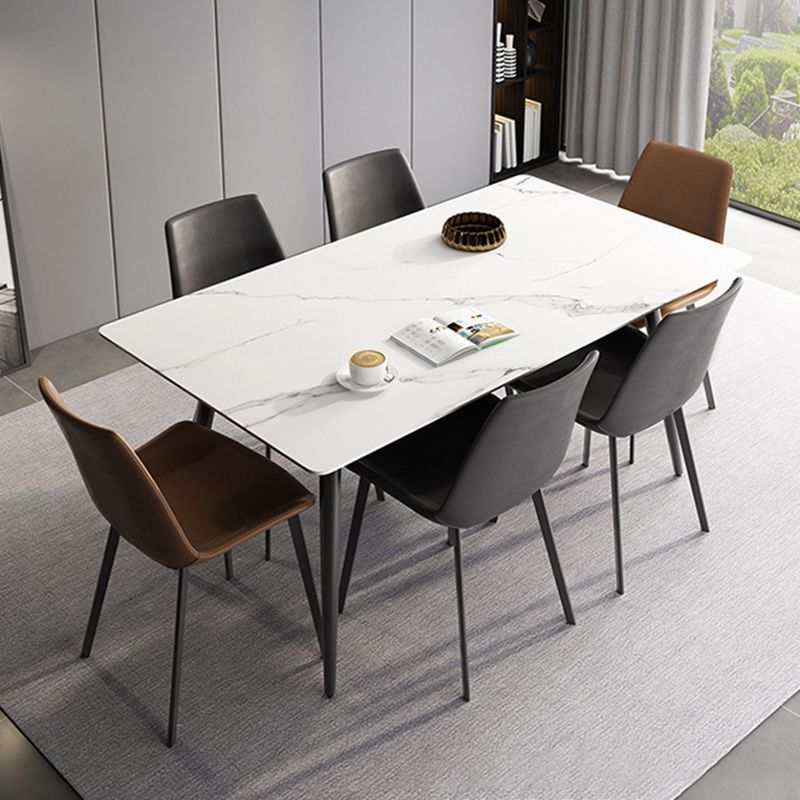 Modern Sintered Stone White Dining Set with Rectangle Table and Black Legs Kitchen Dining Set