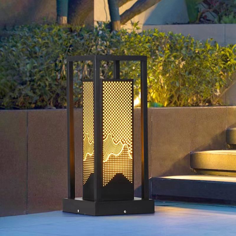 Modern Metal Pillar Lamp Rectangle Outdoor Waterproof Light in Black