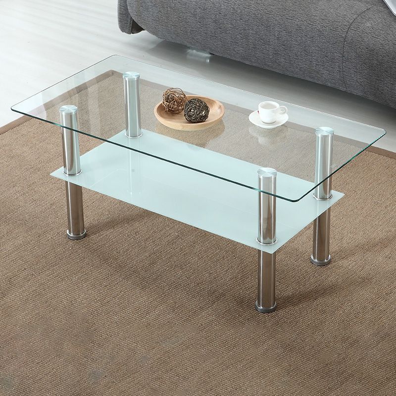 16.9" Tall Modern Stainless Steel 4 Legs Rectangular Glass Top Coffee Table with Shelf