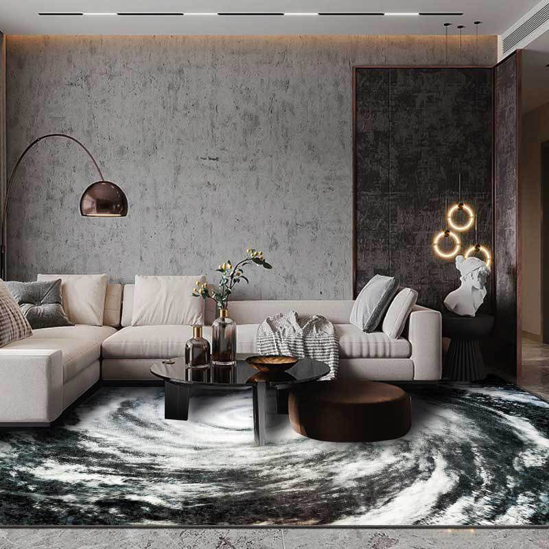 Modern Living Room Rug in Black and White Outer Space Typhoon Eye Print Rug Polyester Non-Slip Area Rug