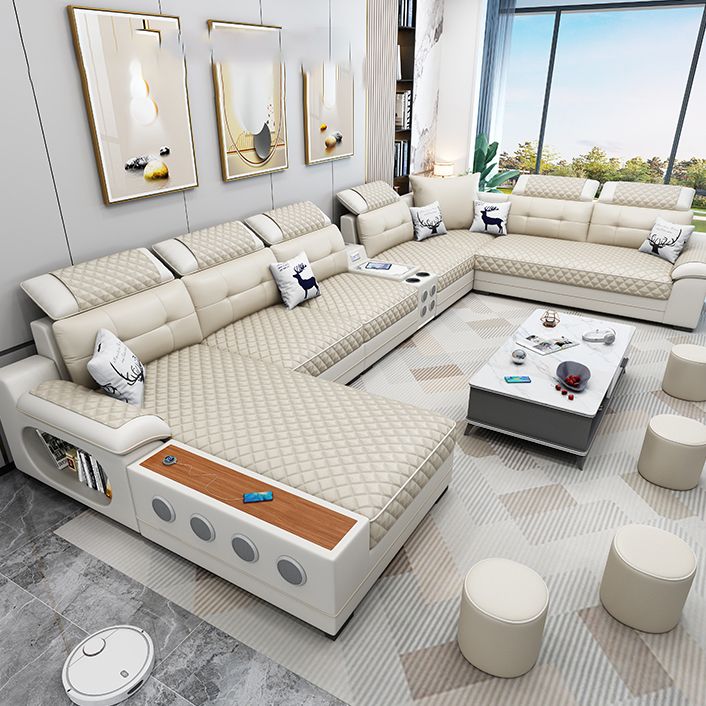 French Country Faux Leather Sectional Sofa with Pillow Top Arms