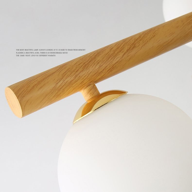 White Glass Bubble Chandelier Modern Gold and Wood Grain Hanging Light for Living Room