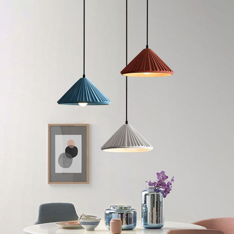 Conical Bedside Ceiling Light Ribbed Cement 1 Bulb Modern Style Hanging Lamp for Dining Room