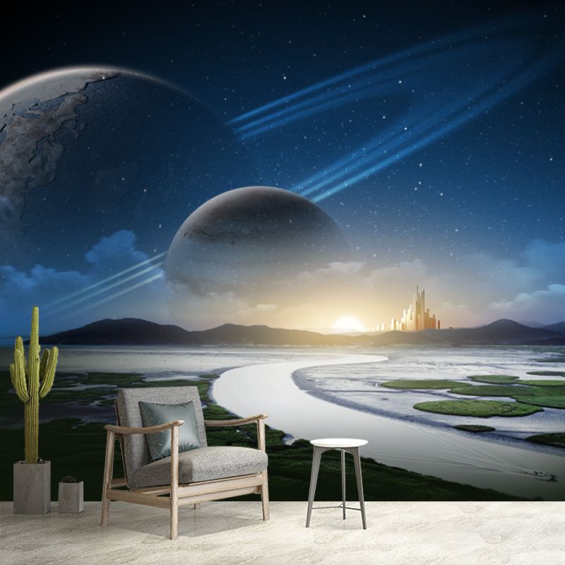 Aqua Sunrise River Scenery Mural Orbital Planet Sci-Fi Moisture Resistant Wall Decor