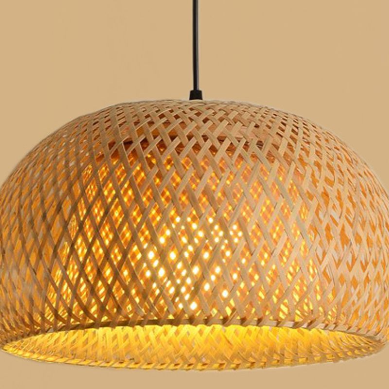 Cross-Woven Bamboo Pendant Lamp Asian Style 1 Bulb Domed Suspension Light
