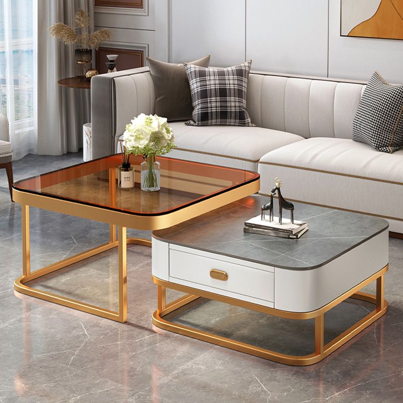 Glam Square Glass / Slate Coffee Table Metal Frame Cocktail Table with Drawer