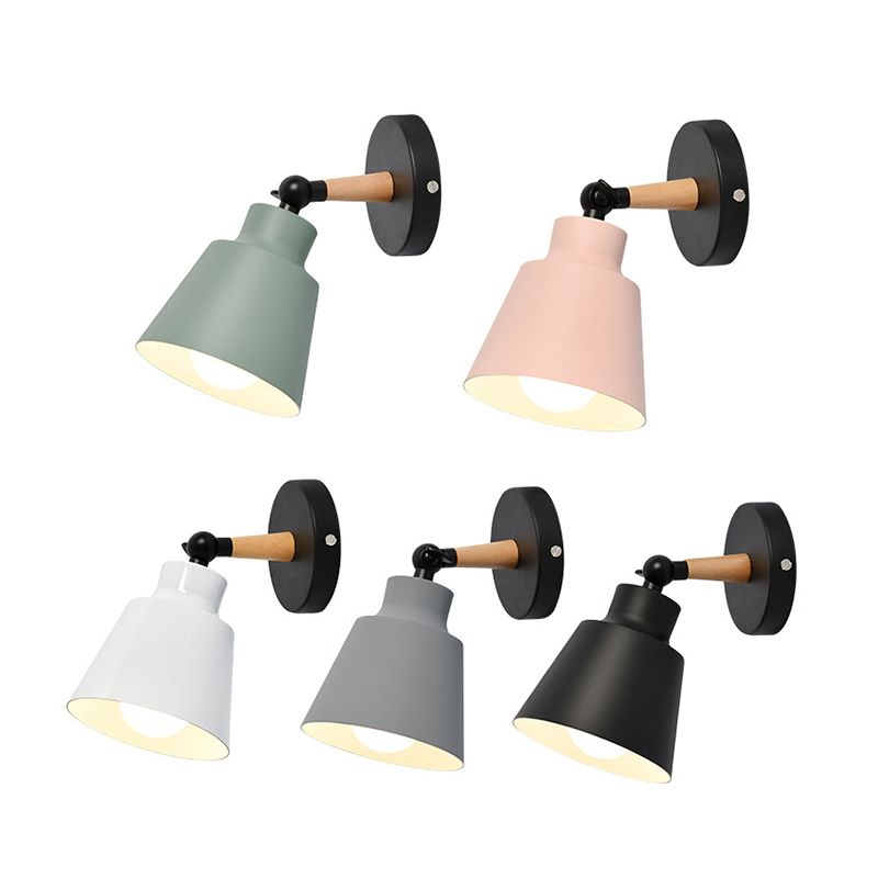 Nordic Macaroon Style Sconce Lights Conical Metal Shade Single Bulb Wooden Wall Mount Lamp for Bedroom