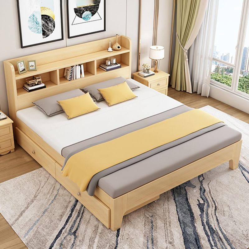 Modern Platform Bed 35.43" High Solid Wood Bed Frame with Shelves