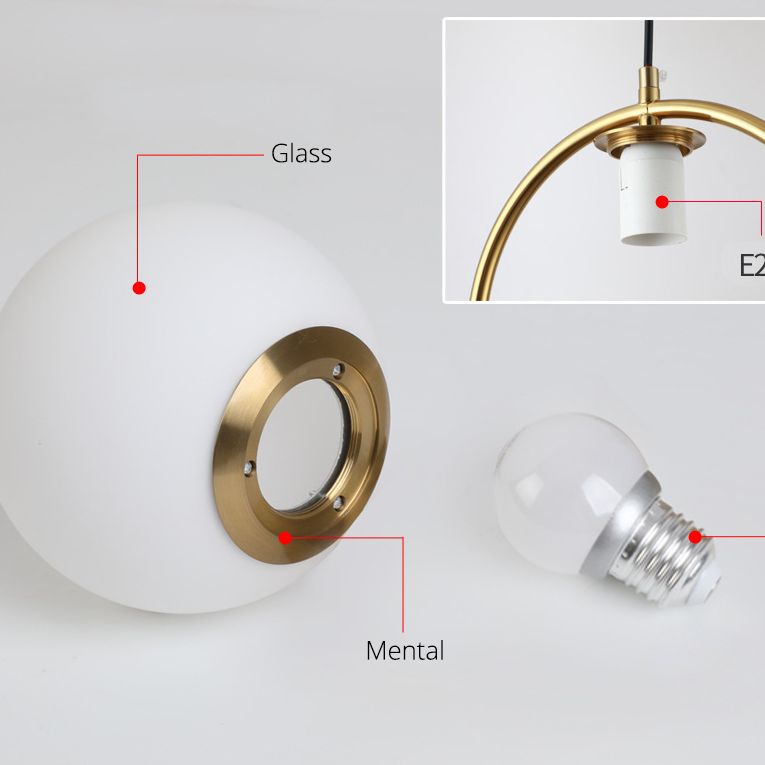 Nordic Minimalism Golden Ring Hanging Light with White Glass Ball Shade Mini Pendant Fixtures for Bedside
