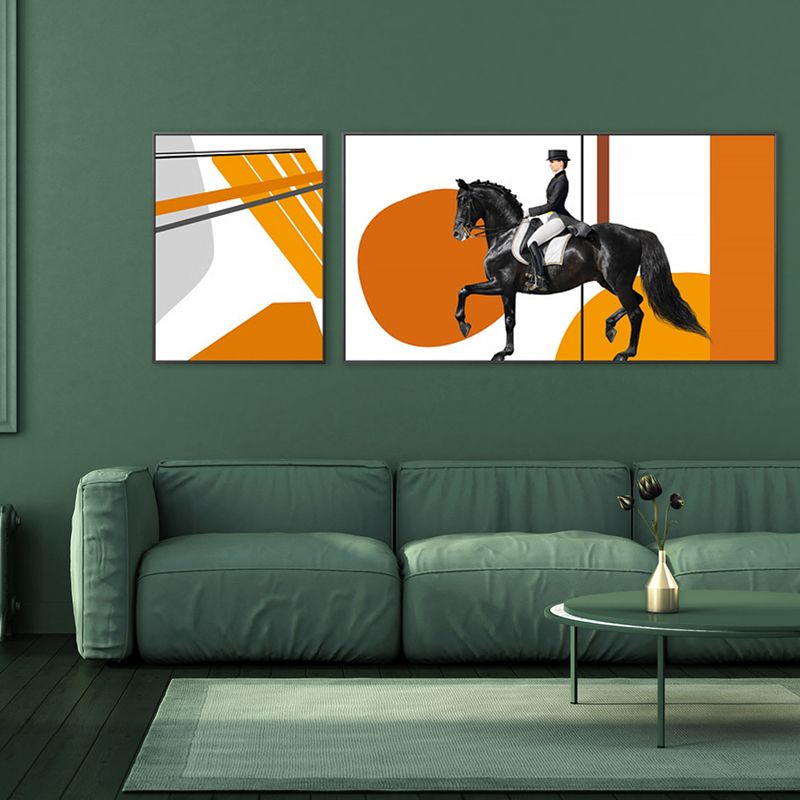 Bright Lady Rider Canvas Print with Geometric Background Modern Textured Wall Art