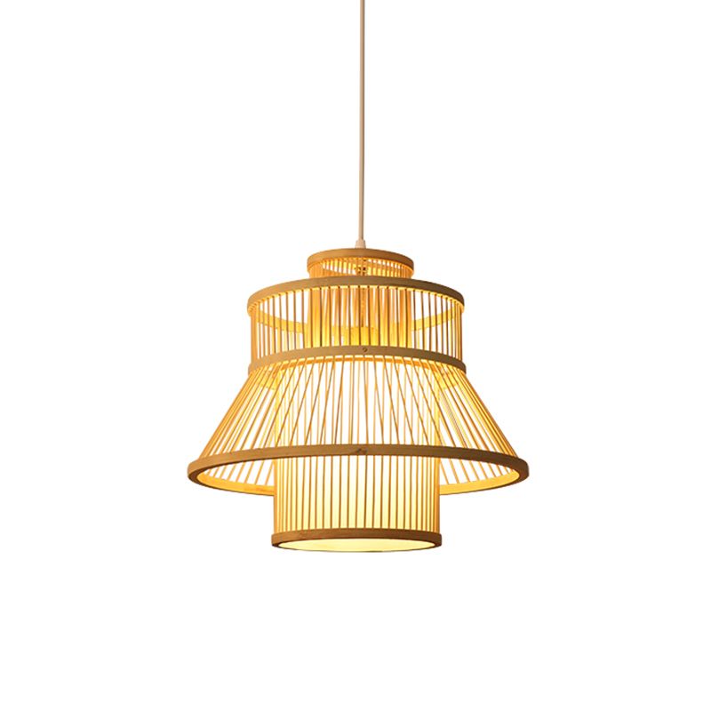 Wood Flared Hanging Light Chinese 1 Bulb Bamboo Suspended Lighting Fixture for Tearoom