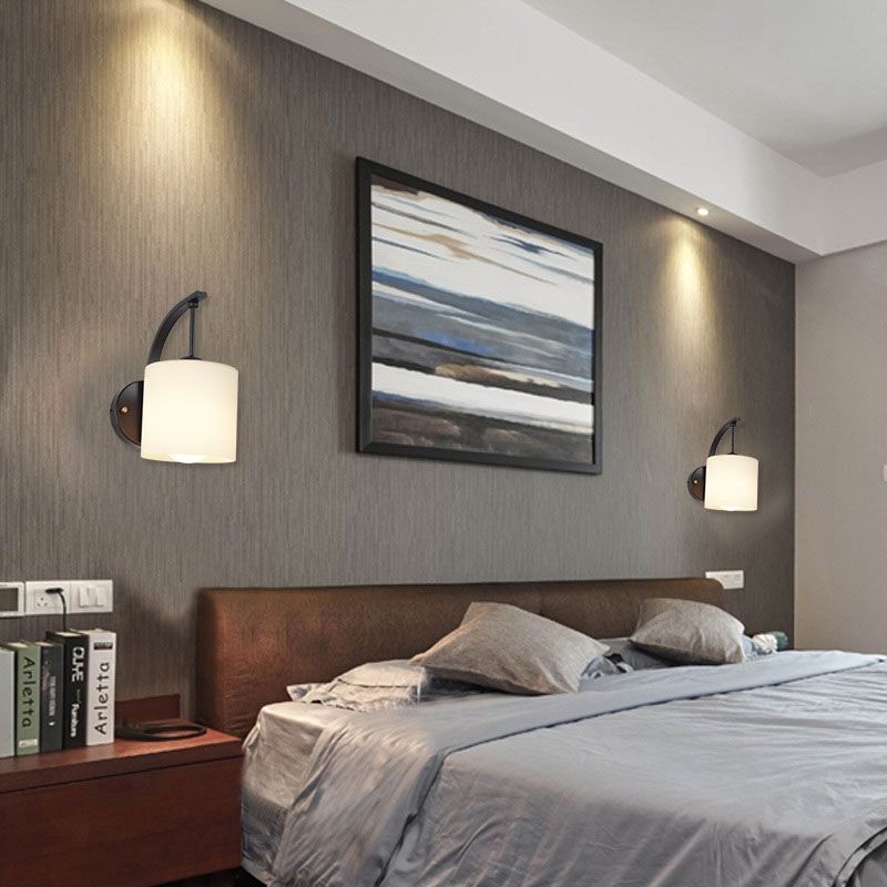 White Glass Cylindrical Wall Lighting Vintage 1 Light Wall Sconce Light in Black with Curved Arm