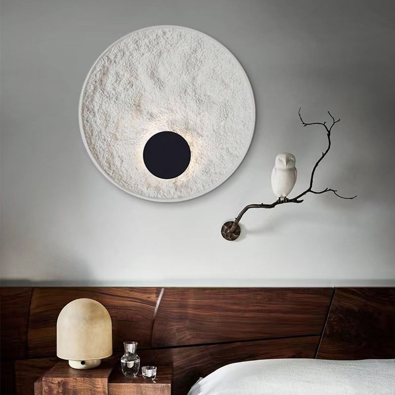 White Modern Metal Wall Sconce Circle Shape Wall Light with Resin Shade for Bedroom