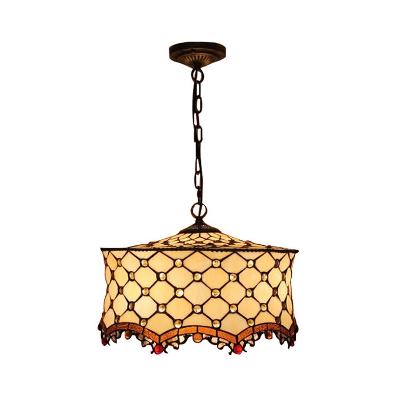 Beige Jeweled Deckenlampe Tiffany Stylish 3 Köpfe Edelstahlglas Anhänger Beleuchtung mit Drum Shade