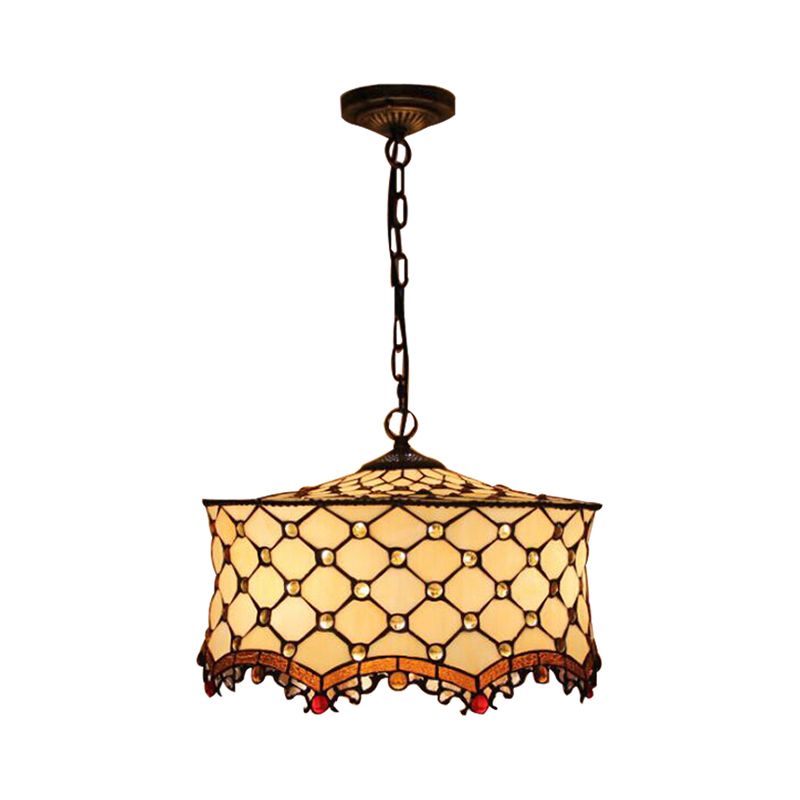 Beige Jeweled Ceiling Lamp Tiffany Stylish 3 Heads Stainless Glass Pendant Lighting with Drum Shade