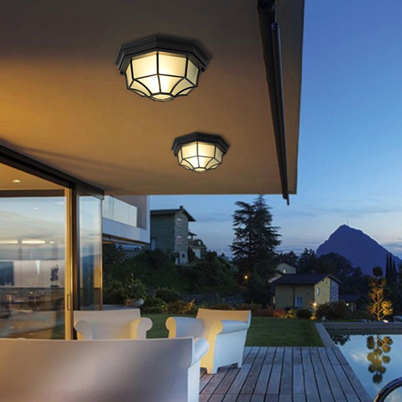 Modern Style Flush-mount Lamp Octagonal Glass Shade Courtyard Ceiling Light