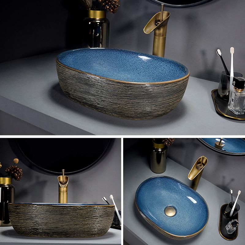 Modern Bathroom Sink Vitreous China Hand Painted Oval Vessel Lavatory Sink