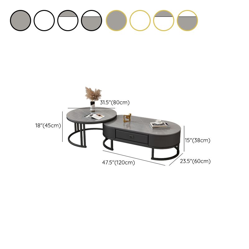 Glam Nesting Coffee Table Set Frame Round Slate Coffee Table with Drawer