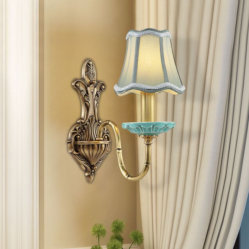Scalloped Corridor Wall Sconce Rural Style Fabric 1/2-Light Brass Wall Lighting Ideas with Curved Arm