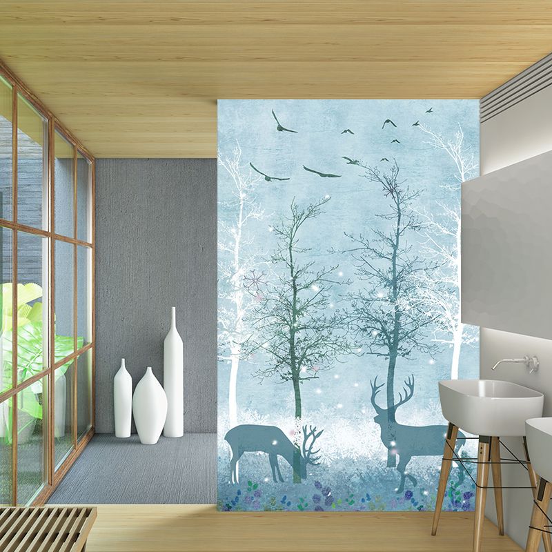 Full-Size Scandinavian Mural Decal Blue Deer in Night Forest Patterned Wall Art, Made to Measure