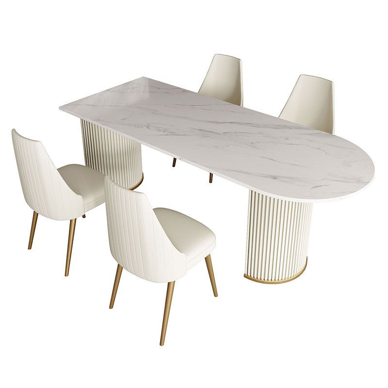 Traditional Luxury Dining Table White Sintered Stone Double Pedestal Dining Table