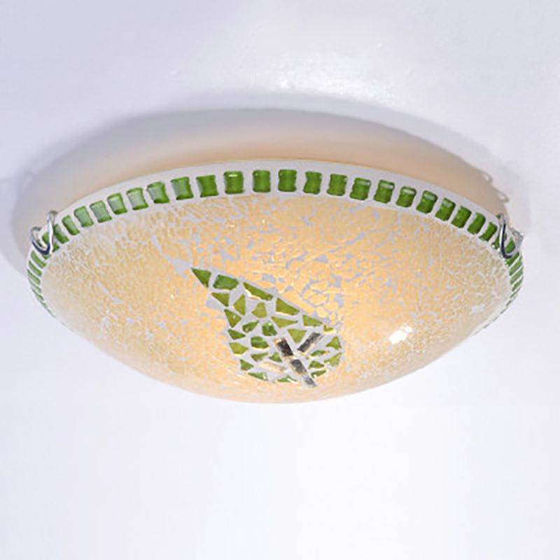 2 Lights Round Ceiling Light Fixture Retro Style Stained Glass Flushmount Light with Leaf Pattern in Green