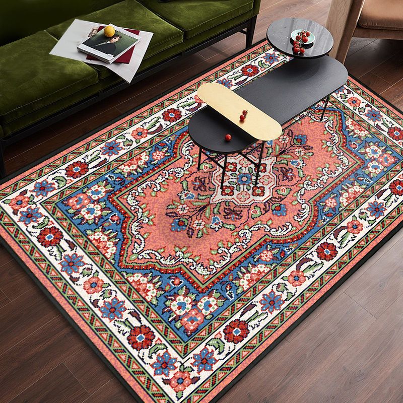 Persian Tribal Patterned Rug Multi-Color Polyester Carpet Stain Resistant Pet Friendly Anti-Slip Backing Rug for Bedroom