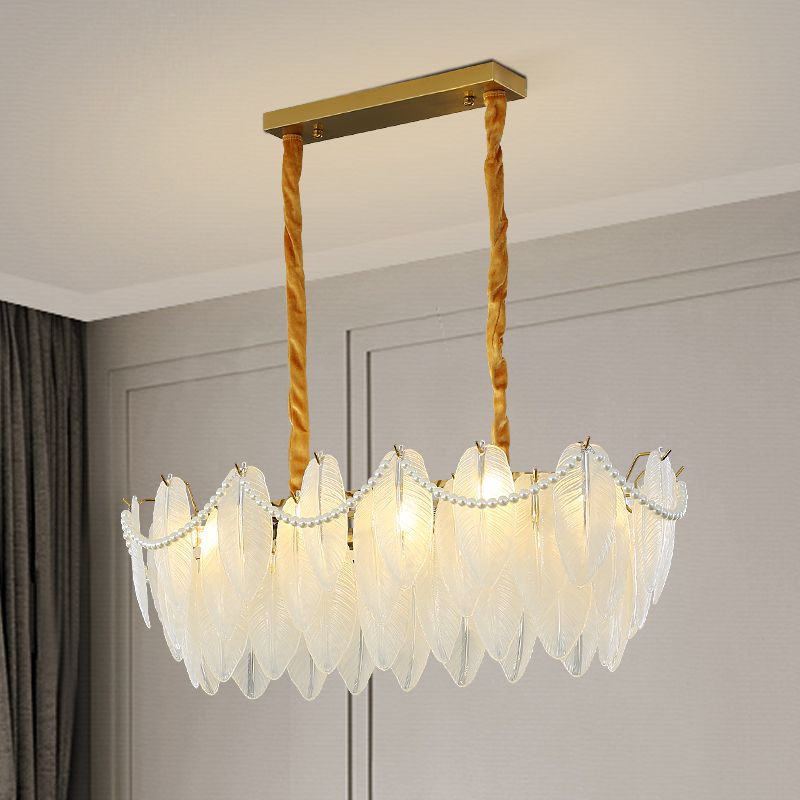 Modern Style Oval Shape Island Lights White Glass 8 Light Island Lighting in Gold