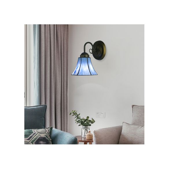 Blue Glass Bell Wall Sconce with Gooseneck 1 Light Vintage Indoor Wall Lighting