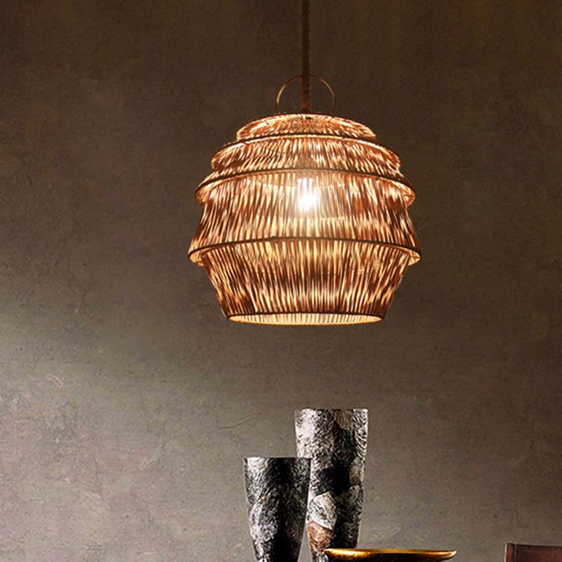 Beige/Coffee Jar-Like Down Lighting Rustic 1-Light Bamboo Ceiling Suspension Lamp for Dining Room