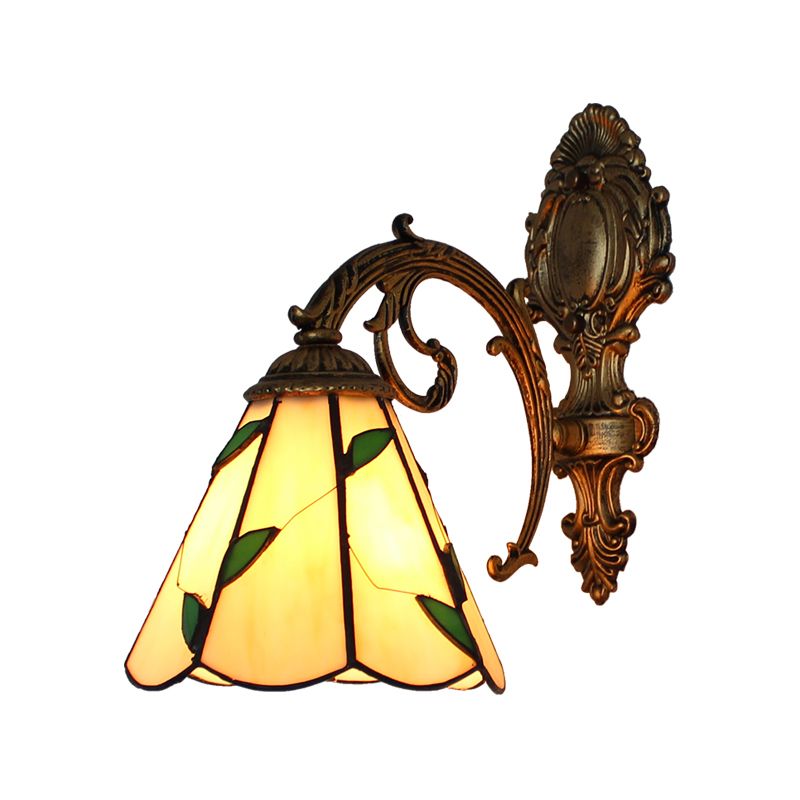 Leaf Corridor Sconce Light with Carved Base Glass 1 Light Tiffany Wall Sconce in Beige