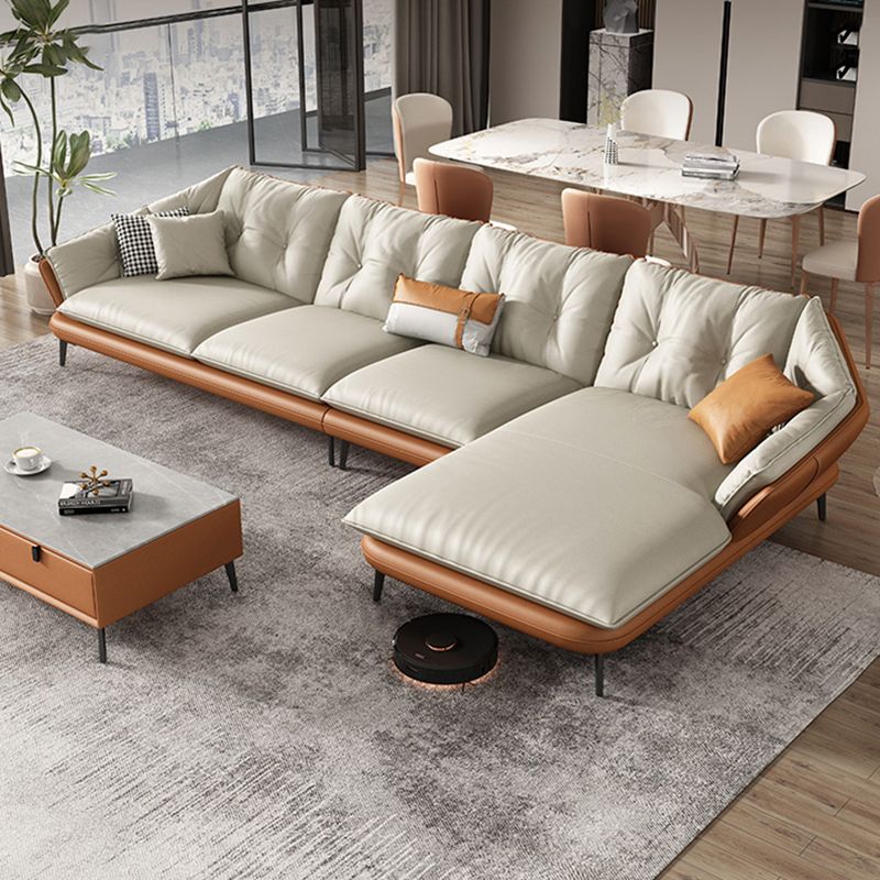Tufted Genuine Leather Sectionals Flared Arm Beige Cushions Sectional Sofa