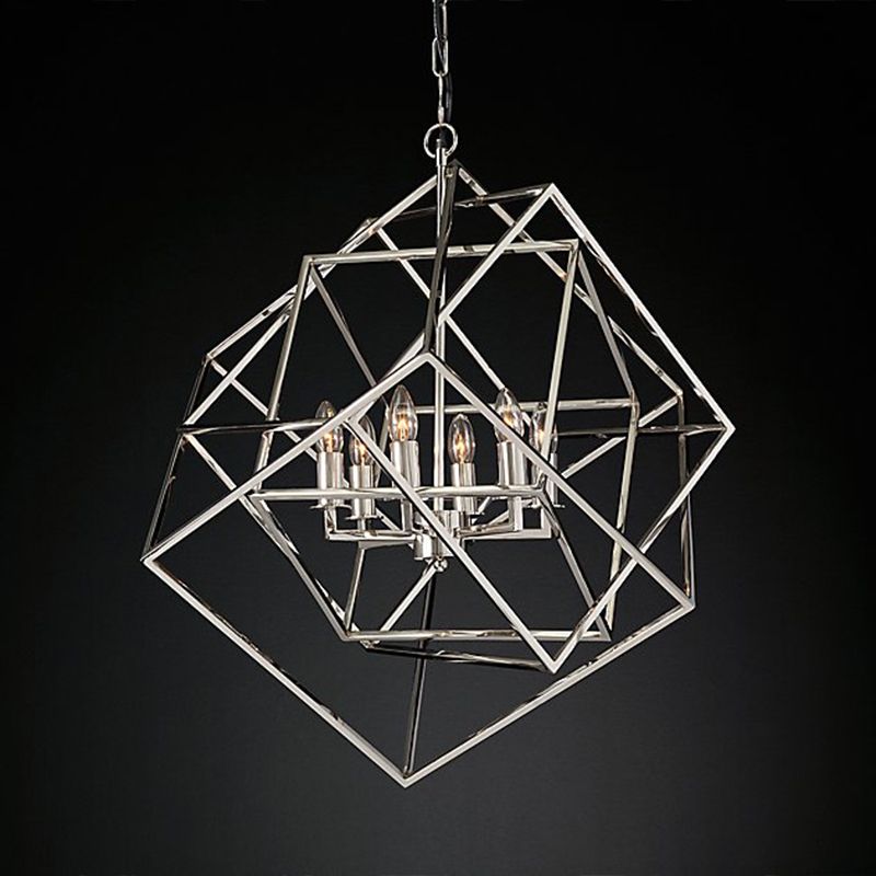 Geometric Metal Chandelier Light Traditional 6 Lights Living Room Pendant Lighting in Brass/Chrome