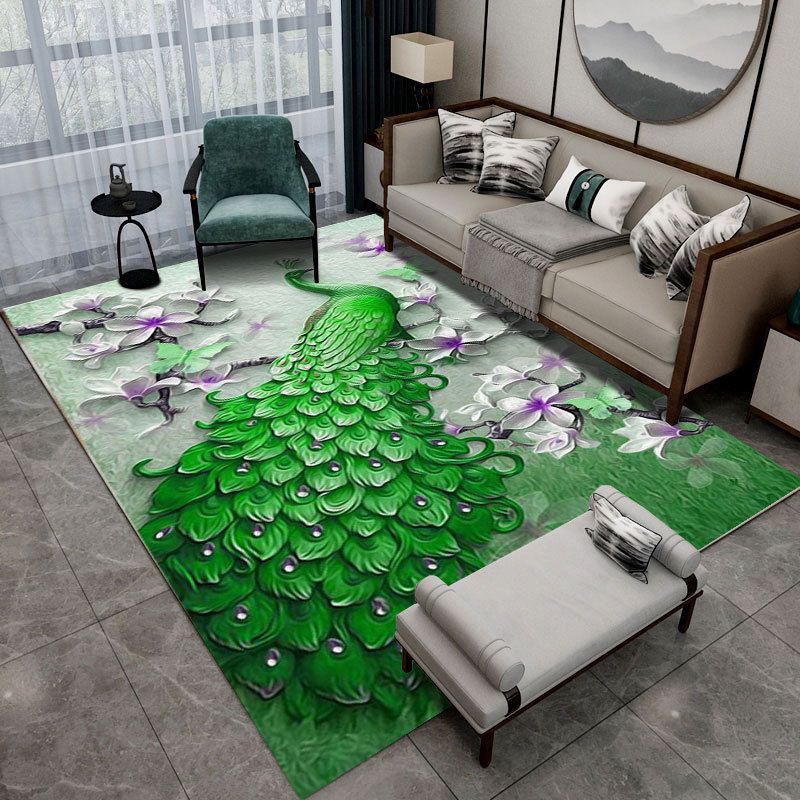 Contemporary Indoor Rug Gorgeous Peacock Pattern Rug Polyster Washable Area Rug for Living Room