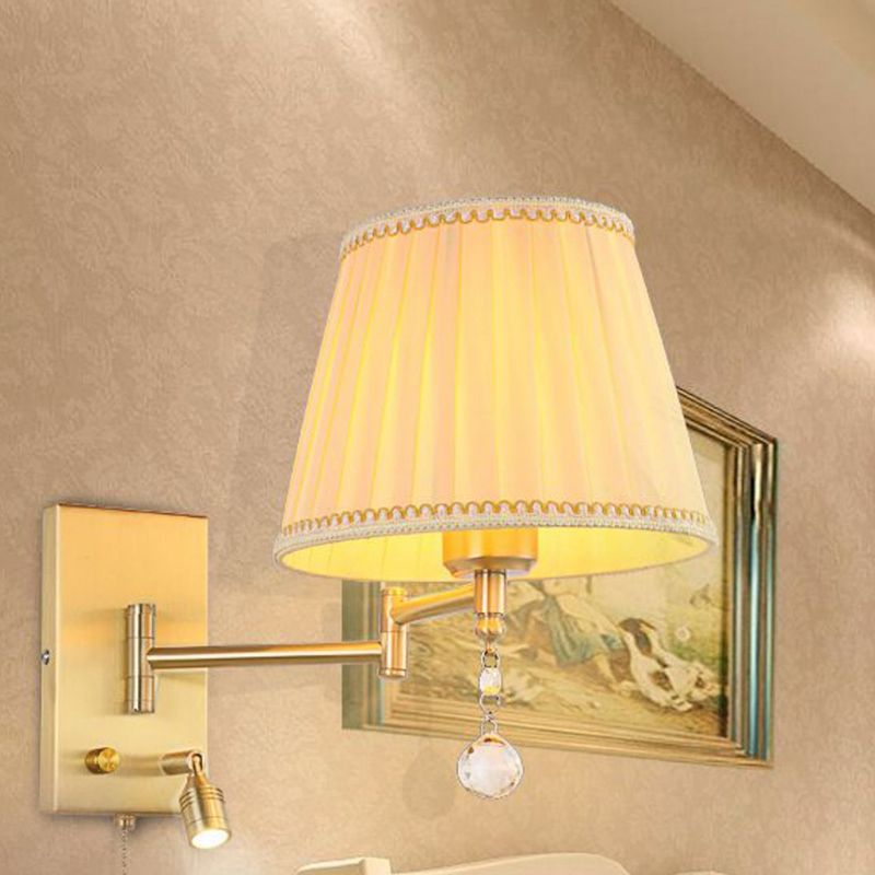 Single Light Wall Sconce in Gold Iron & Fabric Adjustable Wall Lighting Fixture
