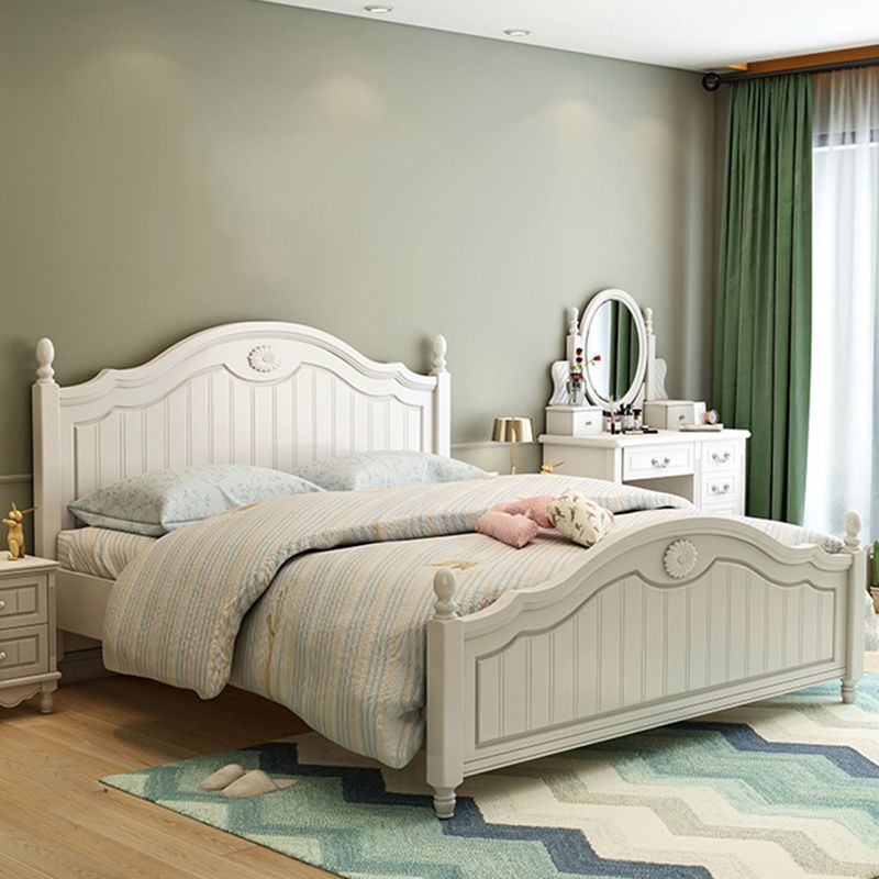 French Country Panel Bed Wood White Bed Frame with Arched Headboard