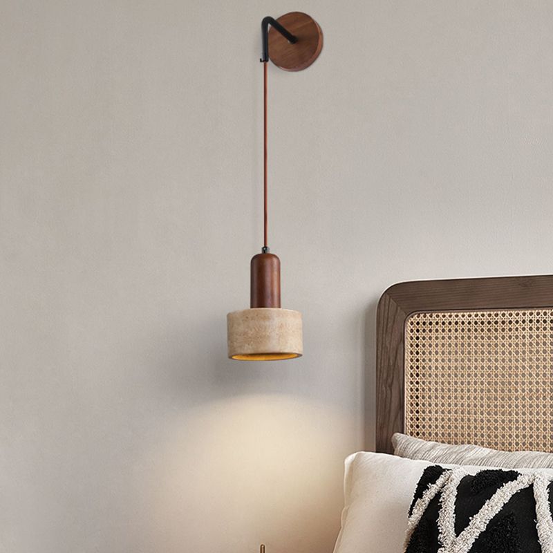 Stone and Wood Wall Lighting Cylinder Modern Wall Sconce in Brown